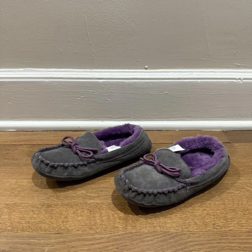 L.L. BEAN WINTER SUEDE SHEEPSKIN GRAY/PURPLE COZY MOCCASINS GIRLS SIZE 4